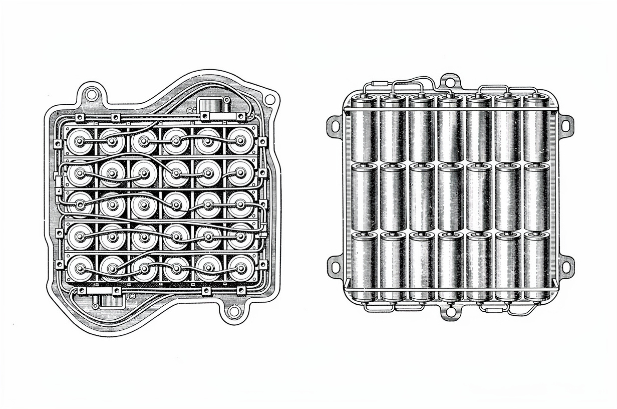 Custom cylindrical Li-ion battery pack next to a mismatched off-the-shelf pack