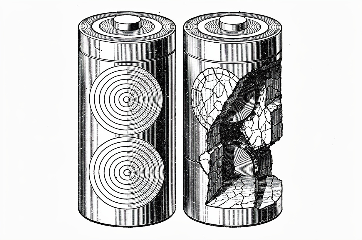 Two cylindrical lithium-ion cells compared, one pristine and one showing internal cycle-life degradation