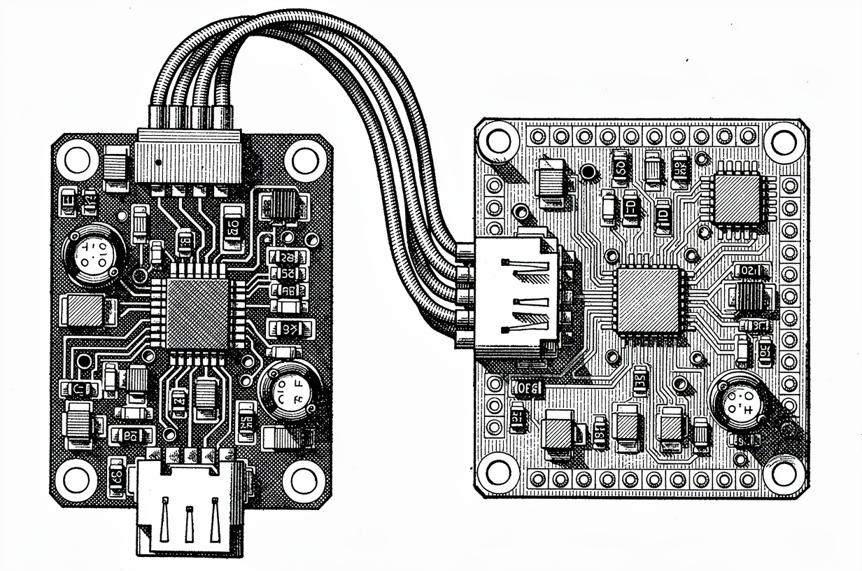 A battery management system circuit board connected by a cable to a flight controller board