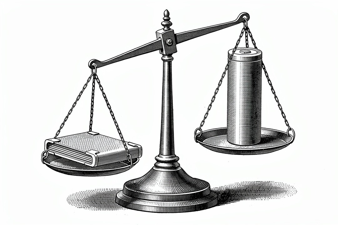 A precision balance scale weighing a pouch battery cell against a cylindrical battery cell, representing the energy density vs power density trade-off