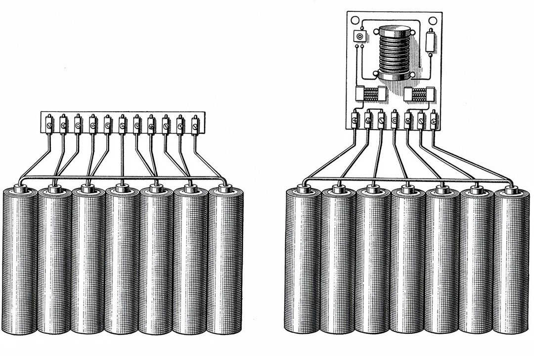 Two rows of cylindrical battery cells, one wired to a passive resistor-bleed balancing circuit and the other to an active inductive charge-transfer balancing circuit