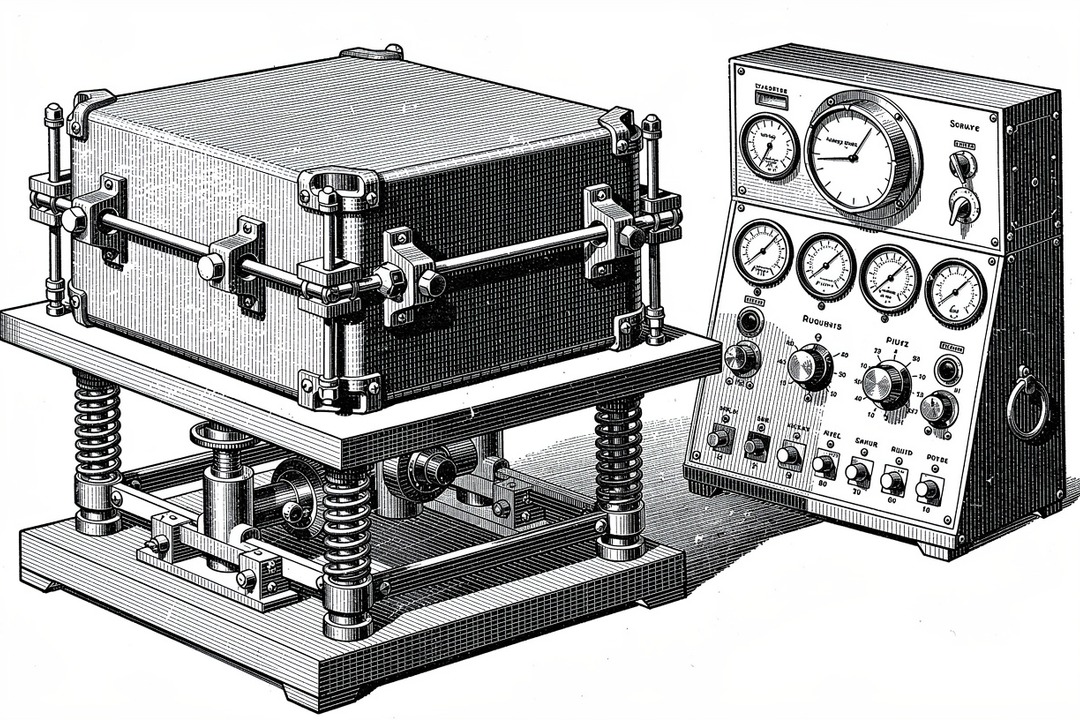 A ruggedized battery pack enclosure clamped onto a mechanical vibration-shaker test table beside a control instrument panel