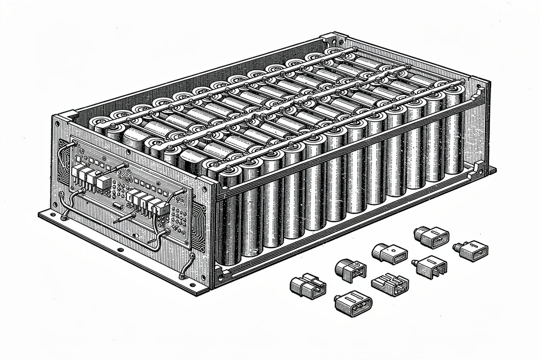An open battery pack enclosure showing cylindrical cells wired in a series-parallel grid, a BMS circuit board, and a selection of power connectors