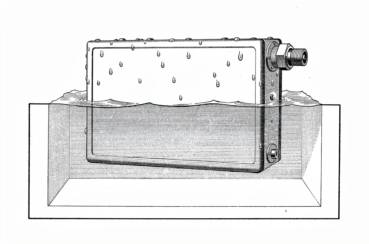 A sealed battery pack enclosure partially submerged in a water immersion test tank, with a threaded cable gland and connector held above the waterline