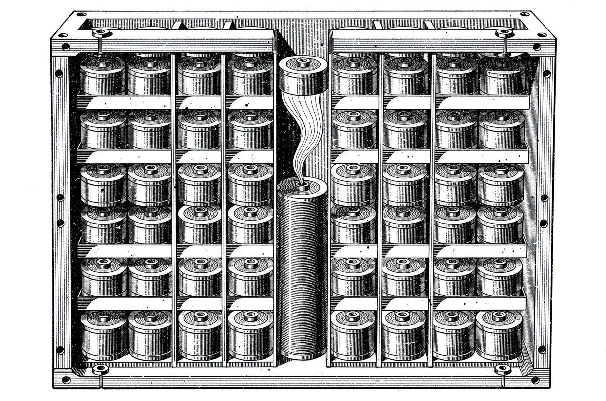 A battery pack enclosure with rows of cylindrical cells separated by barrier sheets, one cell venting vapor upward through a dedicated channel away from its neighbors