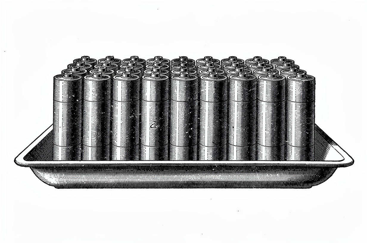 A tray of cylindrical battery cells in uniform rows, with a single cell standing subtly taller than its neighbors