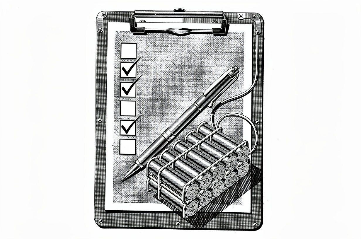 A checklist on a clipboard with boxes checked off and a pen resting on it, beside a custom battery pack built from cylindrical lithium-ion cells