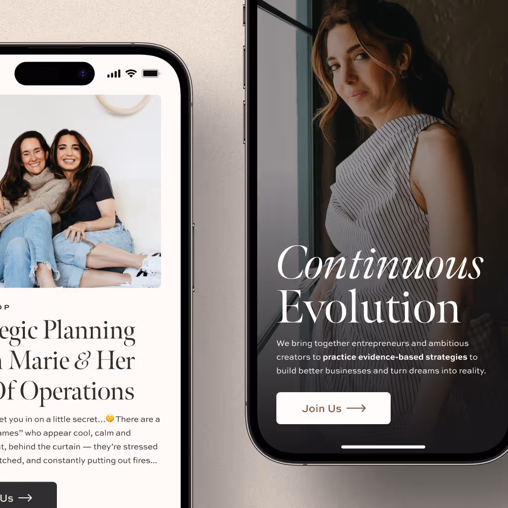 iPhone screen mocks of Marie Forleo's exclusive Dream Club membership app/product.