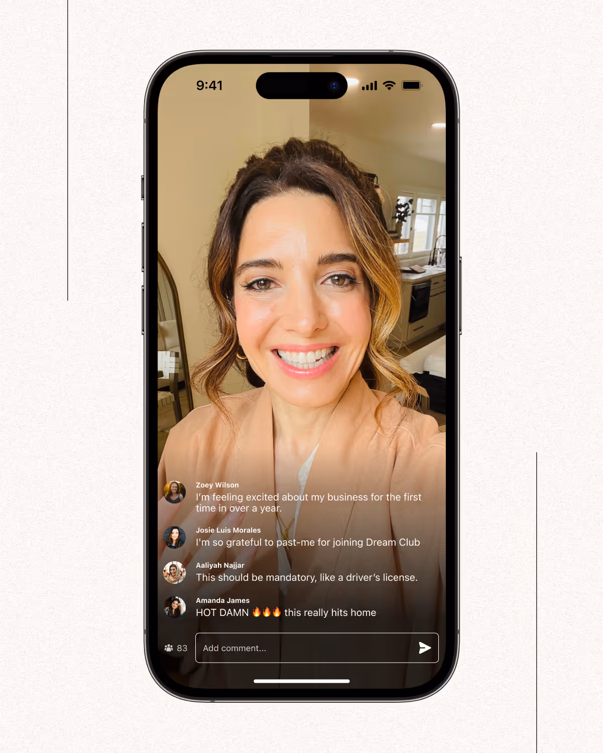 Screen mock of Marie Forleo live-streaming to fans in her new Dream Club membership app: her energy is fun and positive comments pour in.