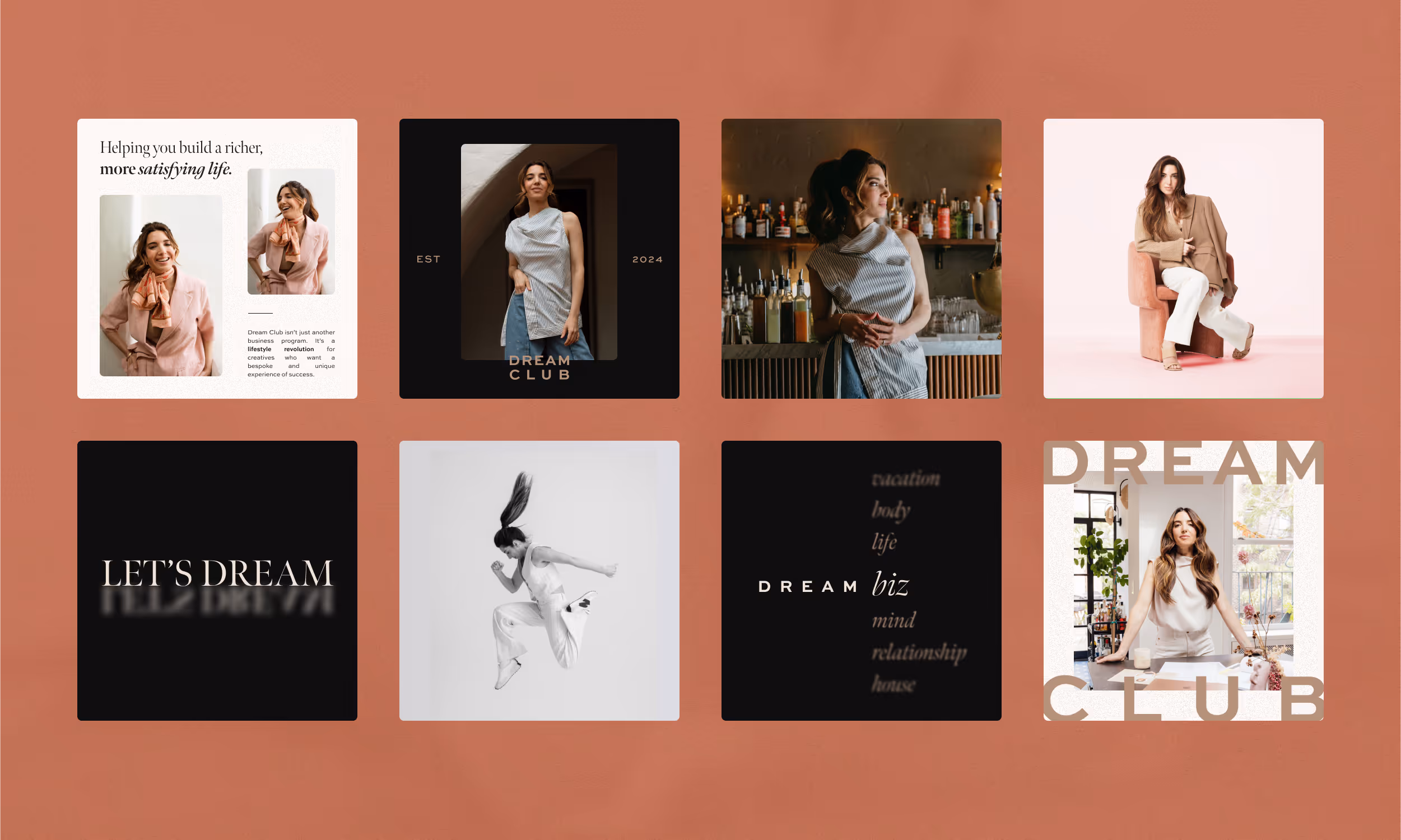 A grid of beautifully designed graphics showcasing Marie Forleo's Dream Club branding.