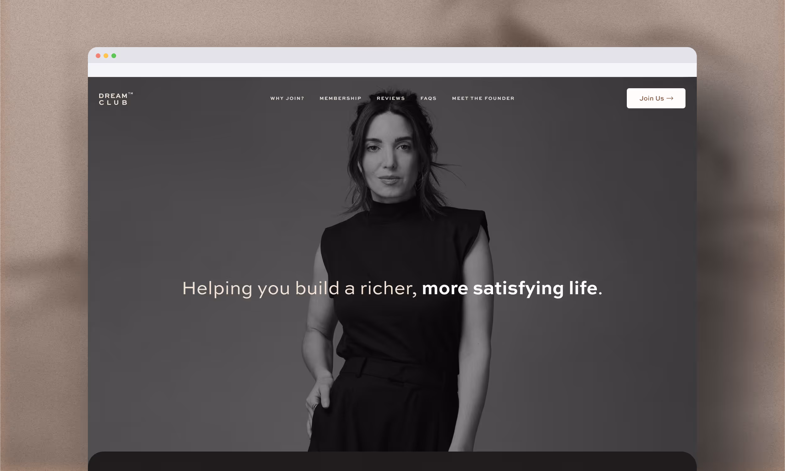 A website mock of Marie Forleo's Dream Club home page, featuring a high-end black and white photo of Marie.