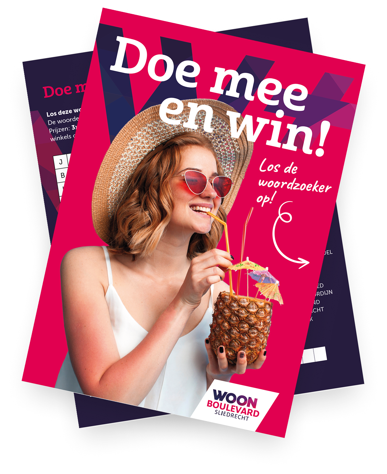 Vrolijke vrouw met cocktail en zonnebril bij Woon Boulevard-promotieposter
