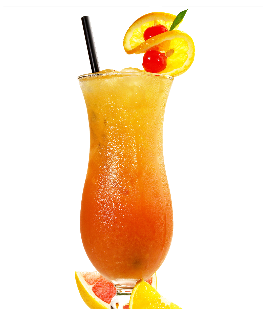 Tropische cocktail met sinaasappel, citroenschijfjes en kersen