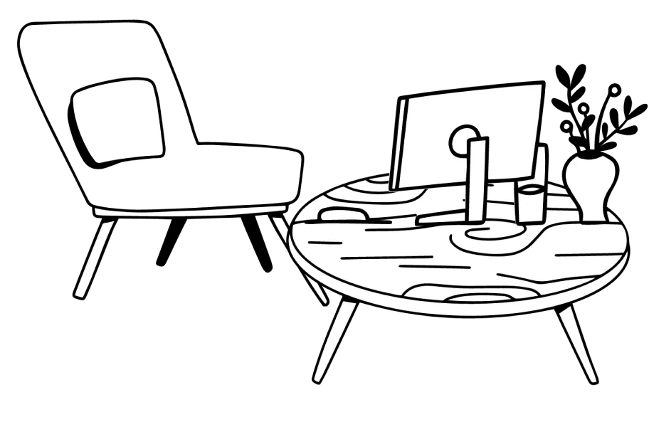 draw line of chair and a table with a laptop on top and a plant