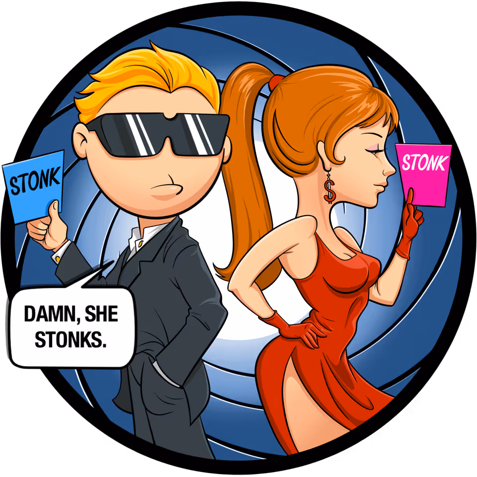 Cartoon of a man in sunglasses holding a blue 'STONK' card saying 'Damn, she stonks' next to a woman in a red dress holding a pink 'STONK' card.