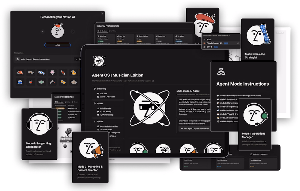Agent OS Musician Edition product interface mockup showing multiple overlapping screens including the main dashboard with Atlas logo, agent mode selection cards, personalization settings, and instruction panelsRetry