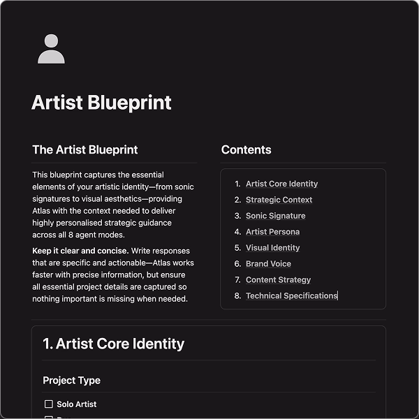 Artist Blueprint documentation page displaying table of contents and Artist Core Identity section with project type fields