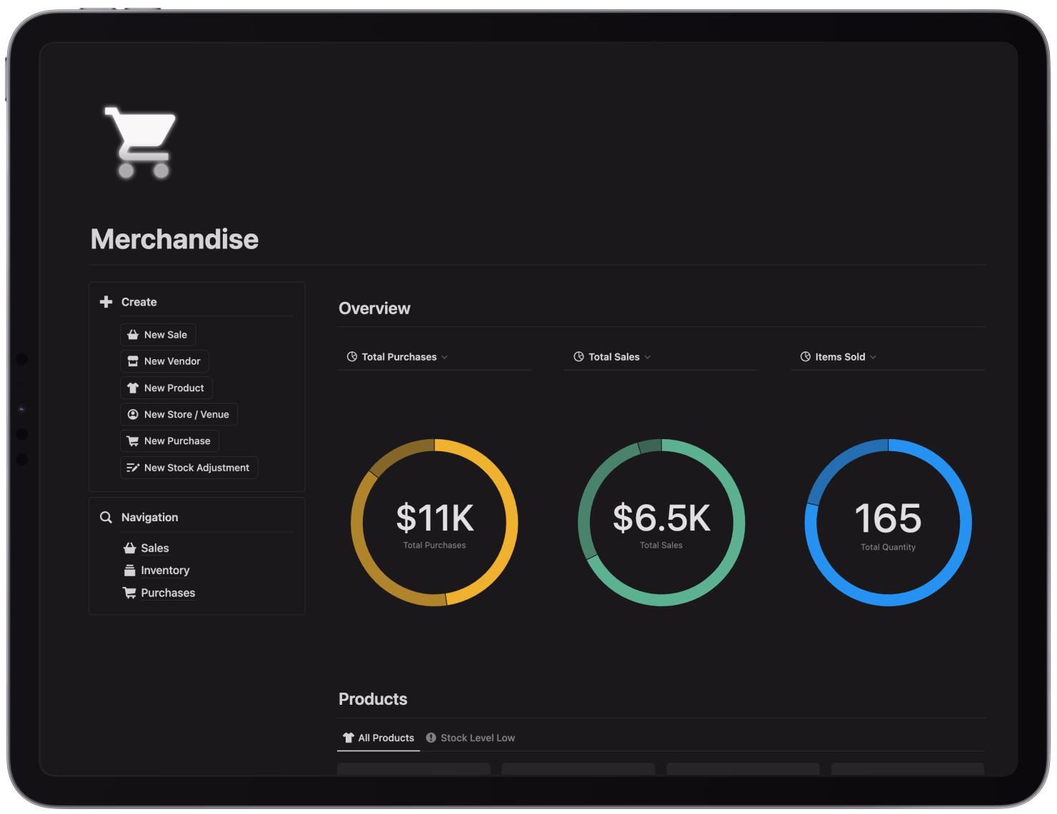 The Merchandise Notion template by ThorneLabs in an iPhone Mock