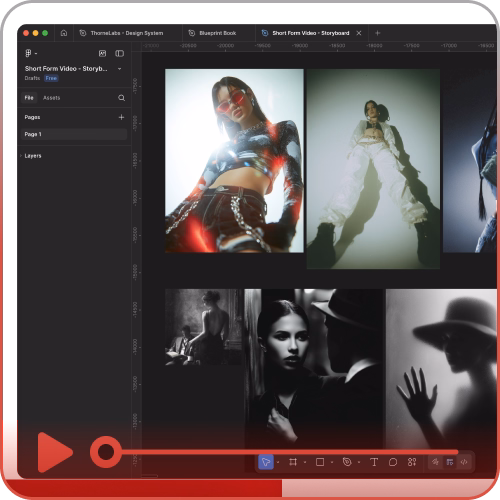A storyboard layout in Figma showcasing short-form video concepts and visual direction created by ThorneLabs.