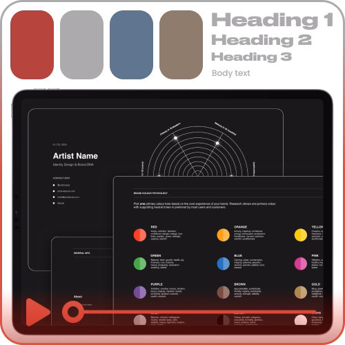 A digital moodboard displaying color palettes and typography for an artist brand identity system designed by ThorneLabs.