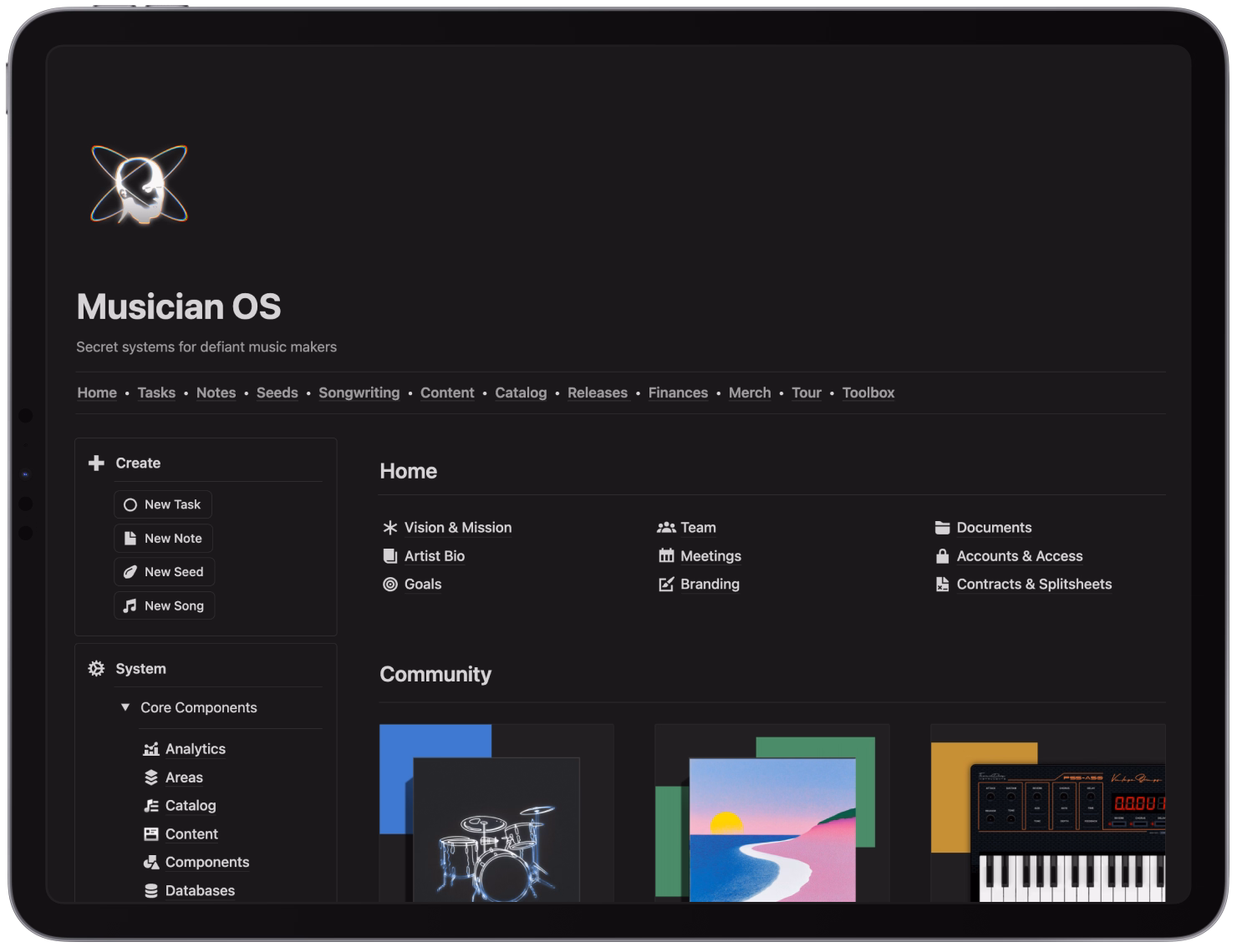 Musician OS dashboard on a tablet showing navigation menu, create task options, system components, home links, and community section with music-related icons.