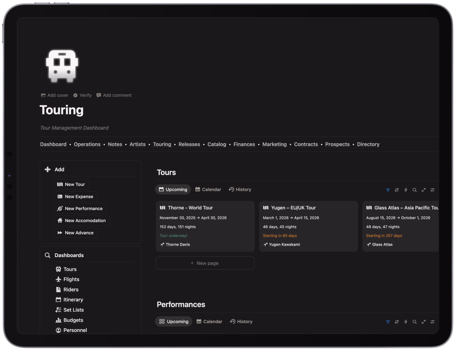 Tour management dashboard on a tablet screen showing upcoming tours, performance options, and navigation menus.