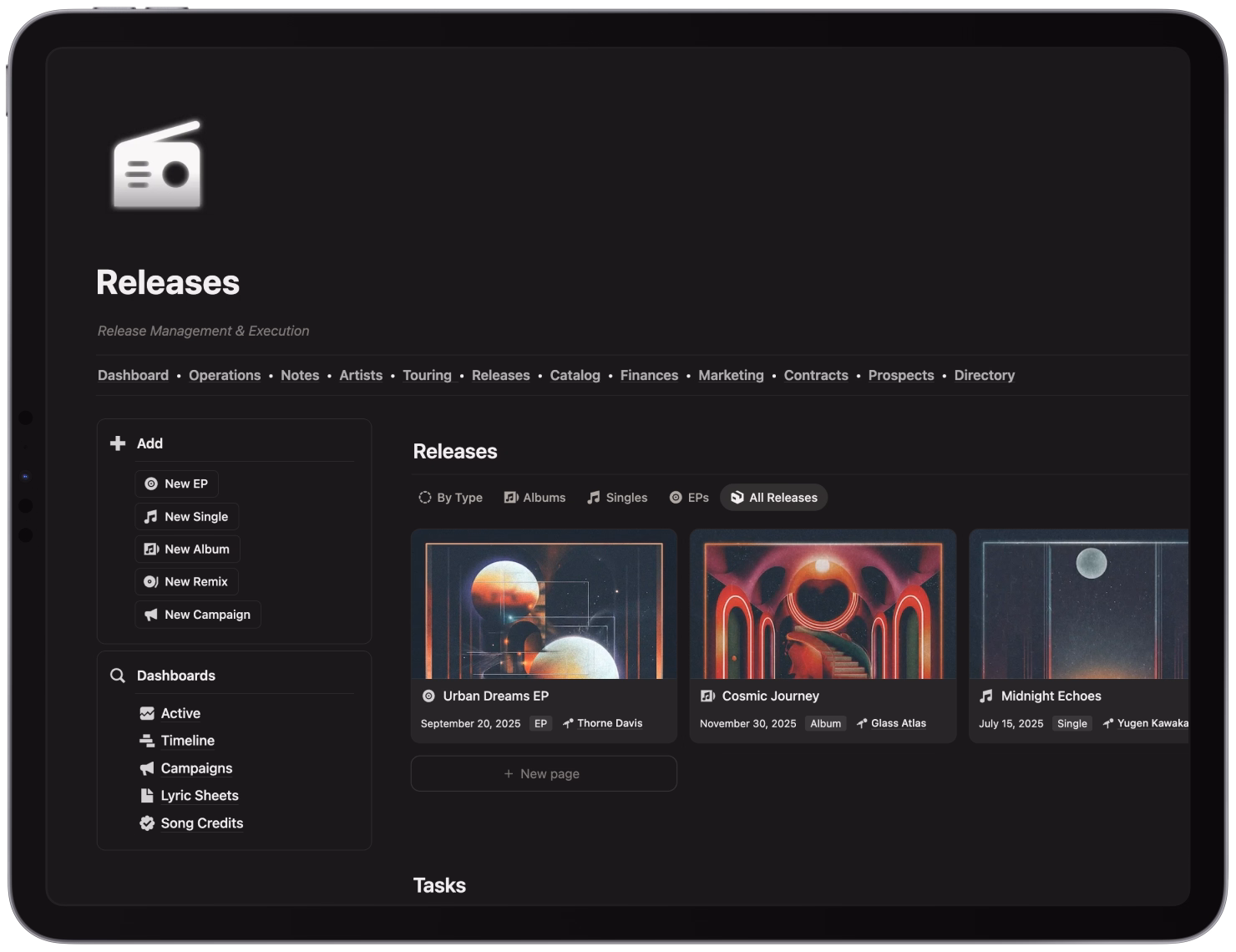 Tablet displaying a dark-themed music management app with a releases section showing three album covers and options to add new EP, single, album, remix, or campaign.