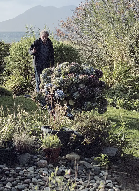 Un homme âgé dans un jardin verdoyant avec des pots de fleurs et un buisson de grosses fleurs, avec une montagne et un lac brumeux en arrière-plan.