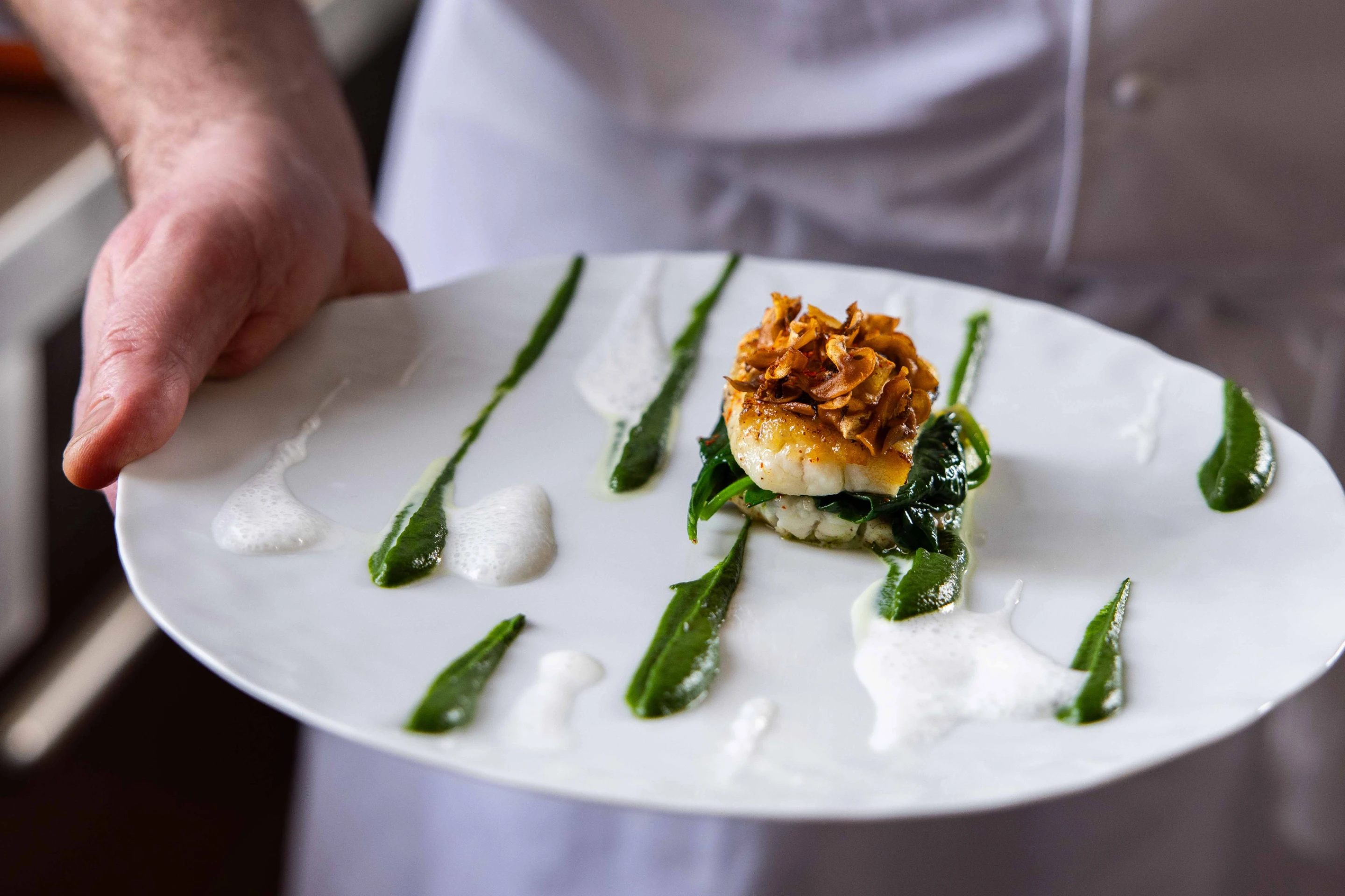 Assiette blanche avec un plat gastronomique composé d'une pièce de poisson grillé garnie de légumes verts et de chips croustillantes, décorée de traits de sauce verte et de mousse blanche.