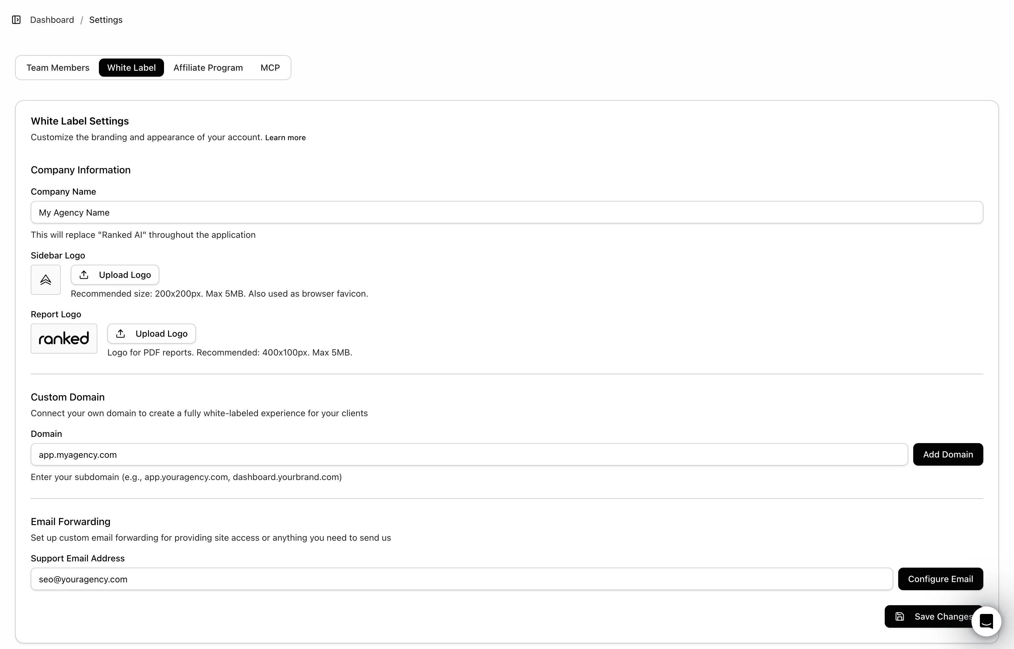 Settings page with tabs for Team Members, White Label, Affiliate Program, and MCP, displaying White Label Settings for customizing company name, uploading sidebar and report logos, setting a custom domain, and configuring email forwarding.