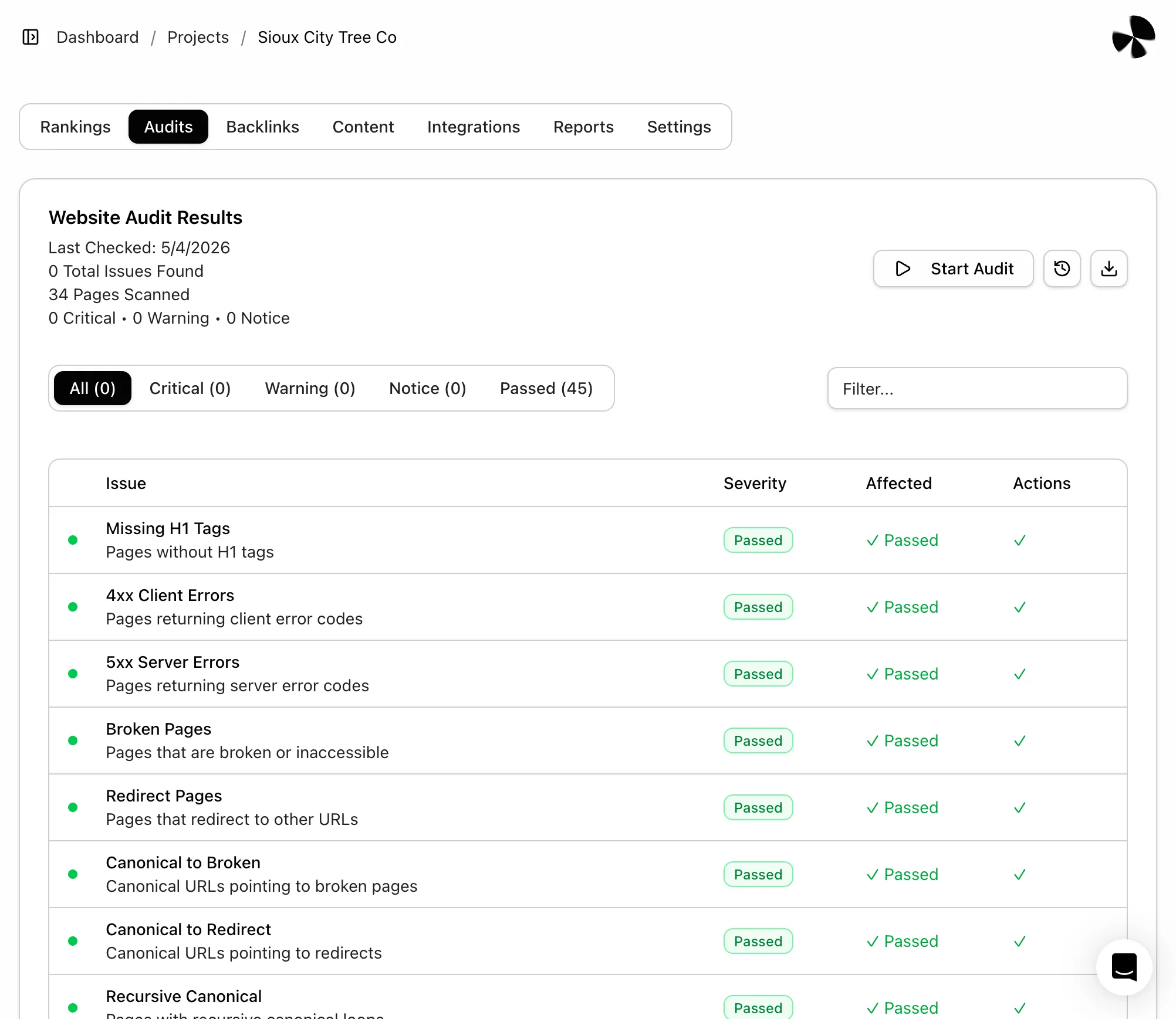Website audit results for Sioux City Tree Co showing no issues found across 34 pages scanned, with all categories including missing H1 tags, client errors, server errors, broken pages, redirects, and canonical URL checks passed.