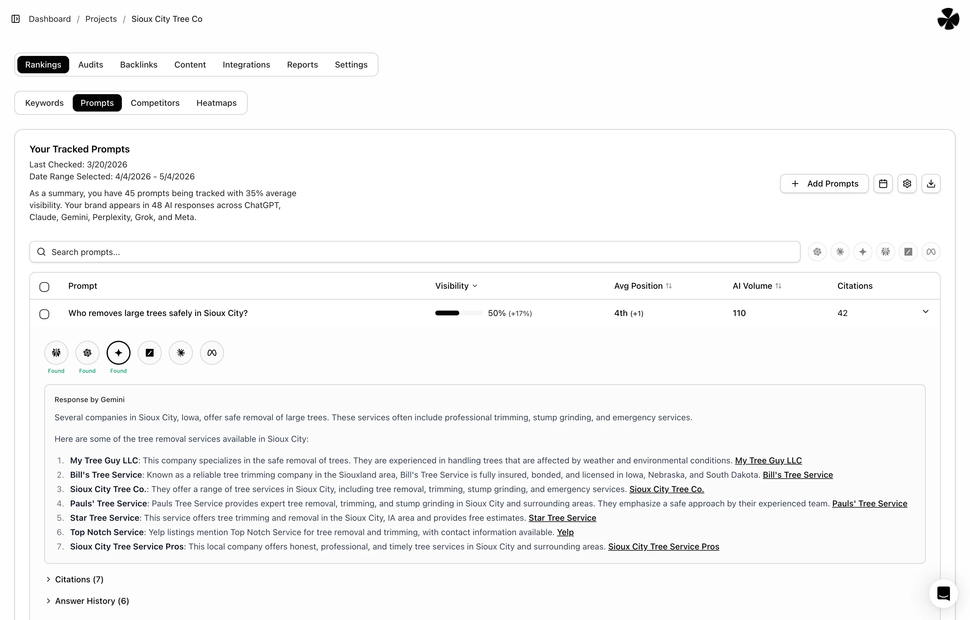 Dashboard interface showing tracked prompts for Sioux City Tree Co with details on prompt visibility, average position, AI volume, and citations, including a response listing seven local tree removal services.