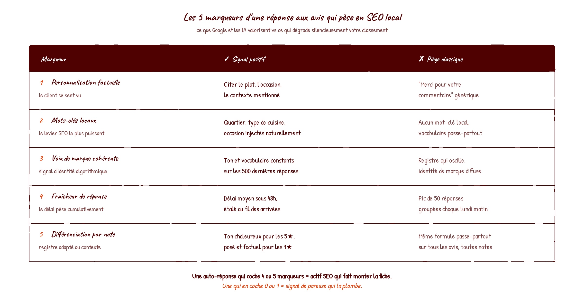 Tableau des 5 marqueurs d'une auto-réponse aux avis qui pèse en SEO local en 2026 : personnalisation factuelle, mots-clés locaux, voix de marque, fraîcheur, différenciation par note