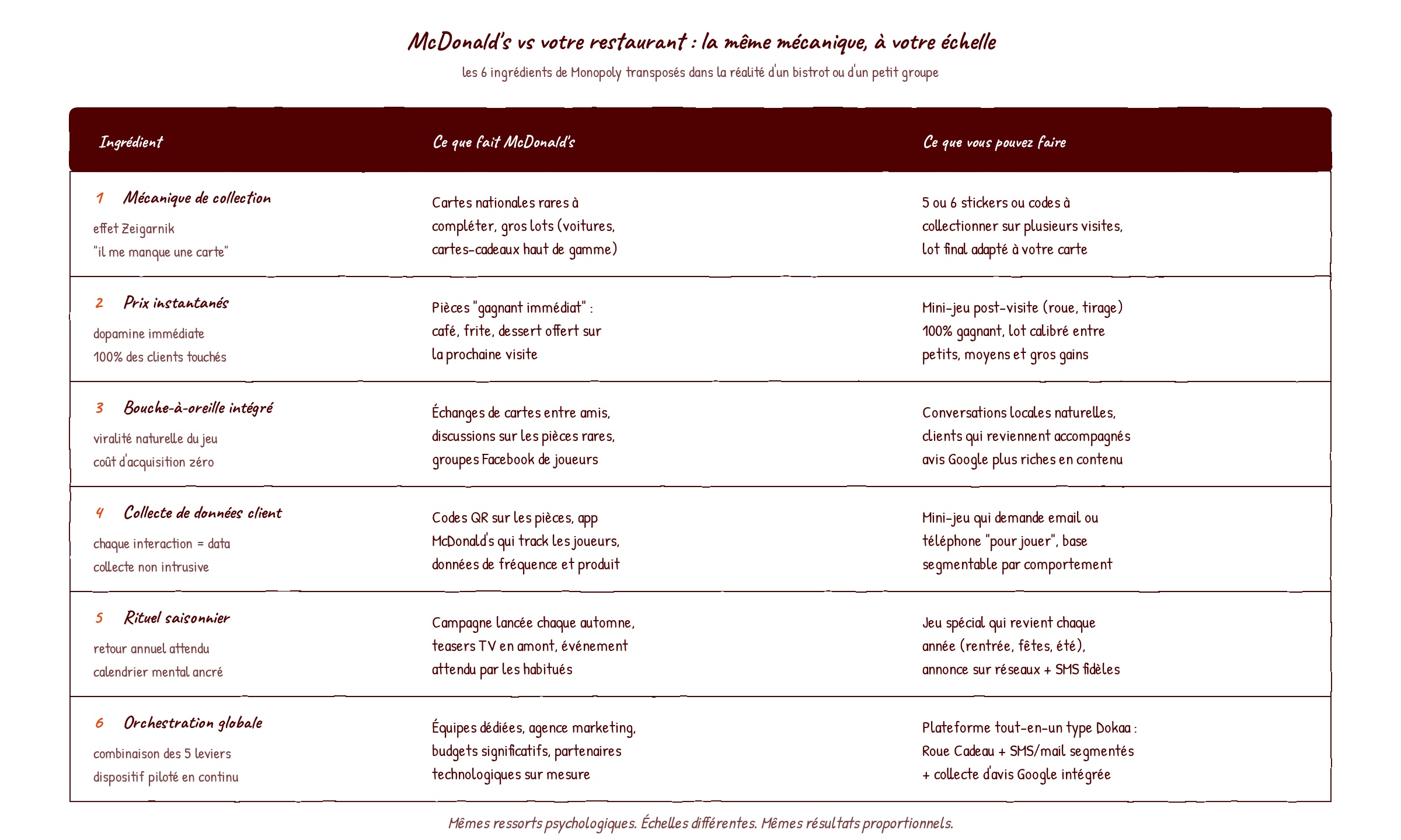 Tableau comparatif des 6 ingrédients de gamification entre McDonald's et un restaurant indépendant : mécanique de collection, prix instantanés, bouche-à-oreille, données client, rituel saisonnier, orchestration globale
