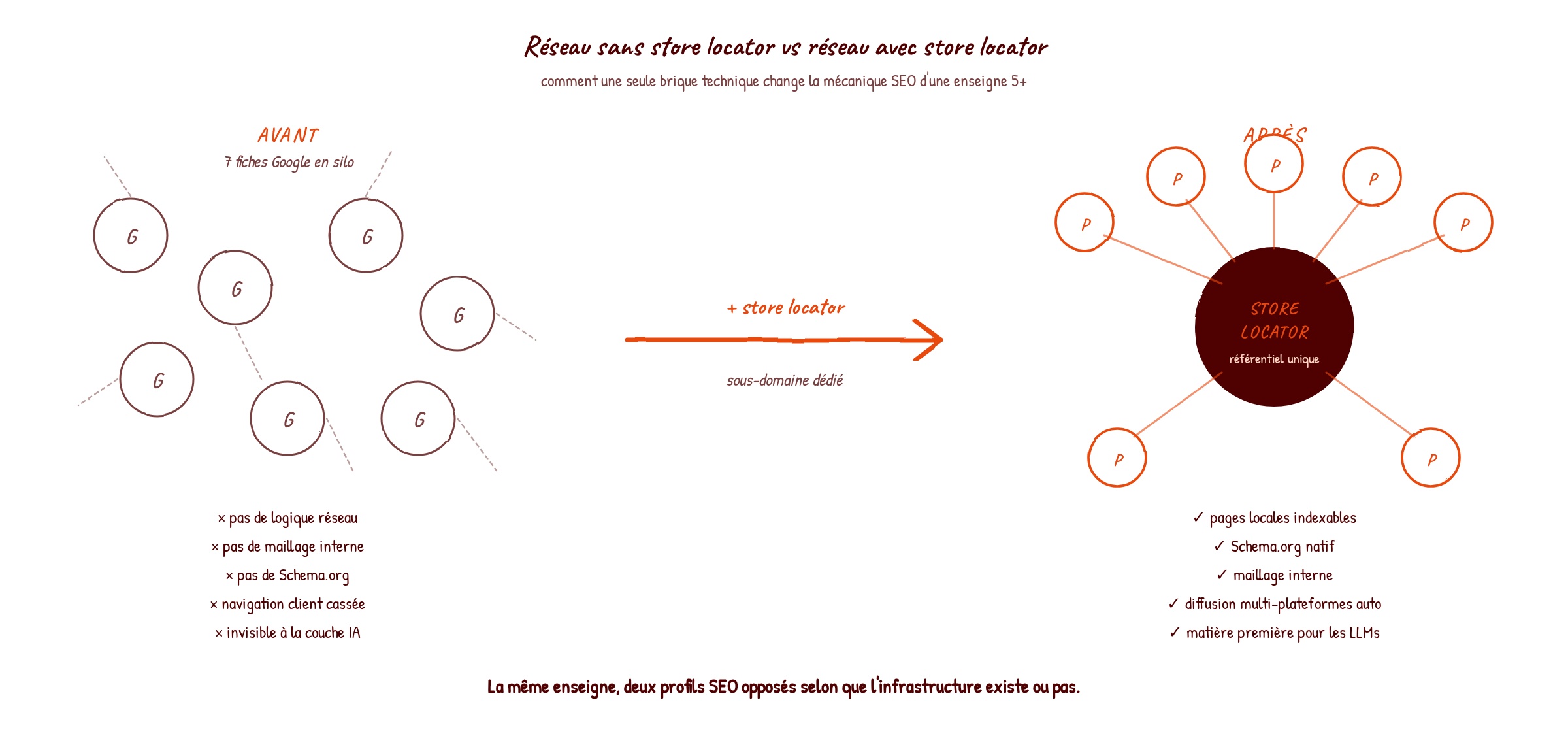 Comparaison avant/après : un réseau de 7 restaurants sans store locator (fiches Google isolées en silos, navigation client cassée, invisible aux IA) versus avec store locator dédié (référentiel central, pages locales indexables, Schema.org, maillage interne, diffusion automatique)