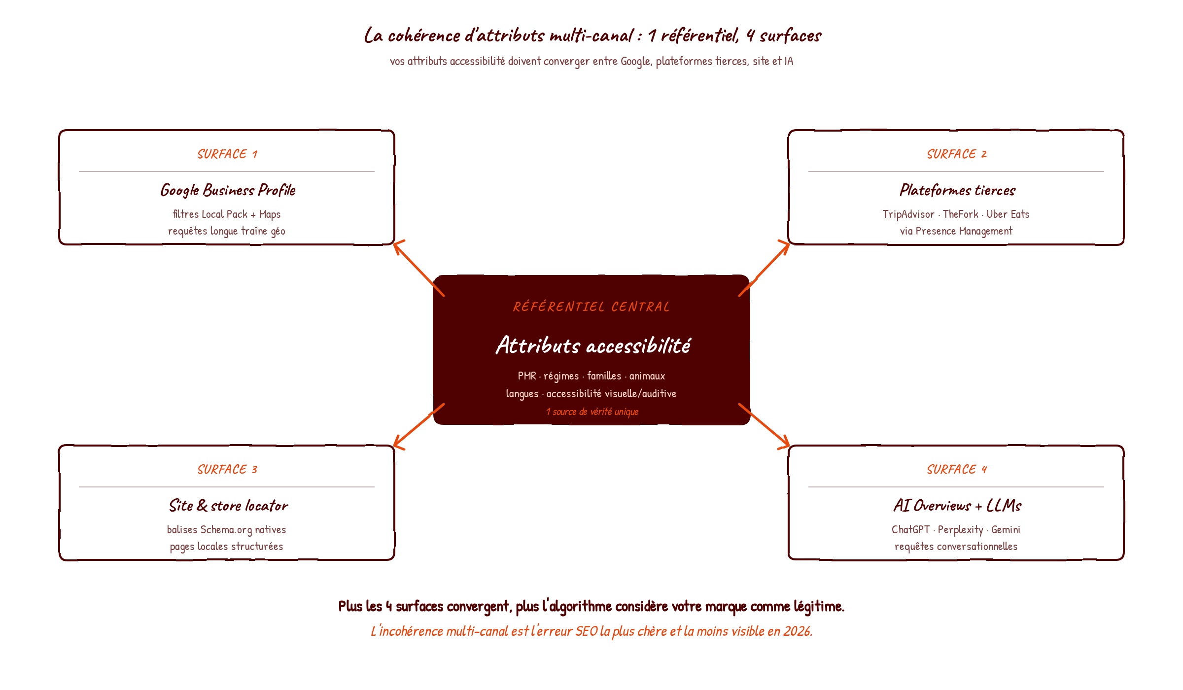 Schéma hub & spokes de la cohérence d'attributs multi-canal : un référentiel central des attributs accessibilité alimente 4 surfaces de visibilité (Google Business Profile, plateformes tierces TripAdvisor TheFork Uber Eats, site et store locator, AI Overviews et assistants conversationnels ChatGPT Perplexity Gemini)