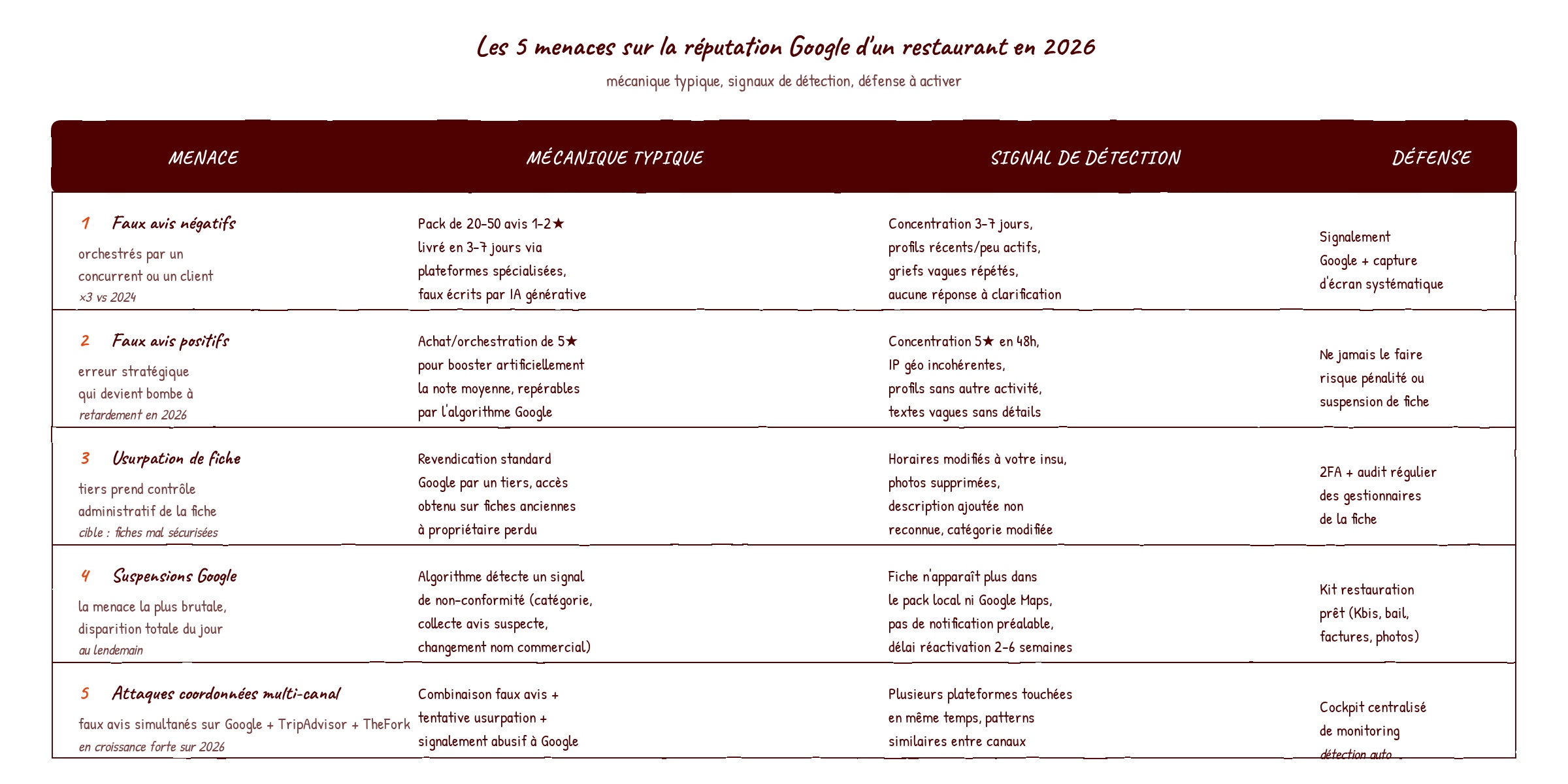 Tableau visuel des 5 menaces qui pèsent sur la réputation Google d'un restaurant en 2026 : faux avis négatifs orchestrés, faux avis positifs sponsorisés, usurpation de fiche, suspensions Google, attaques coordonnées multi-canal, avec leur mécanique typique et la défense à activer