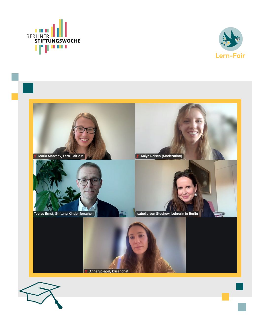 Bild von Scree einer Online Konferenz mit fünf Teilnehmenden die in die Kamera lächeln.