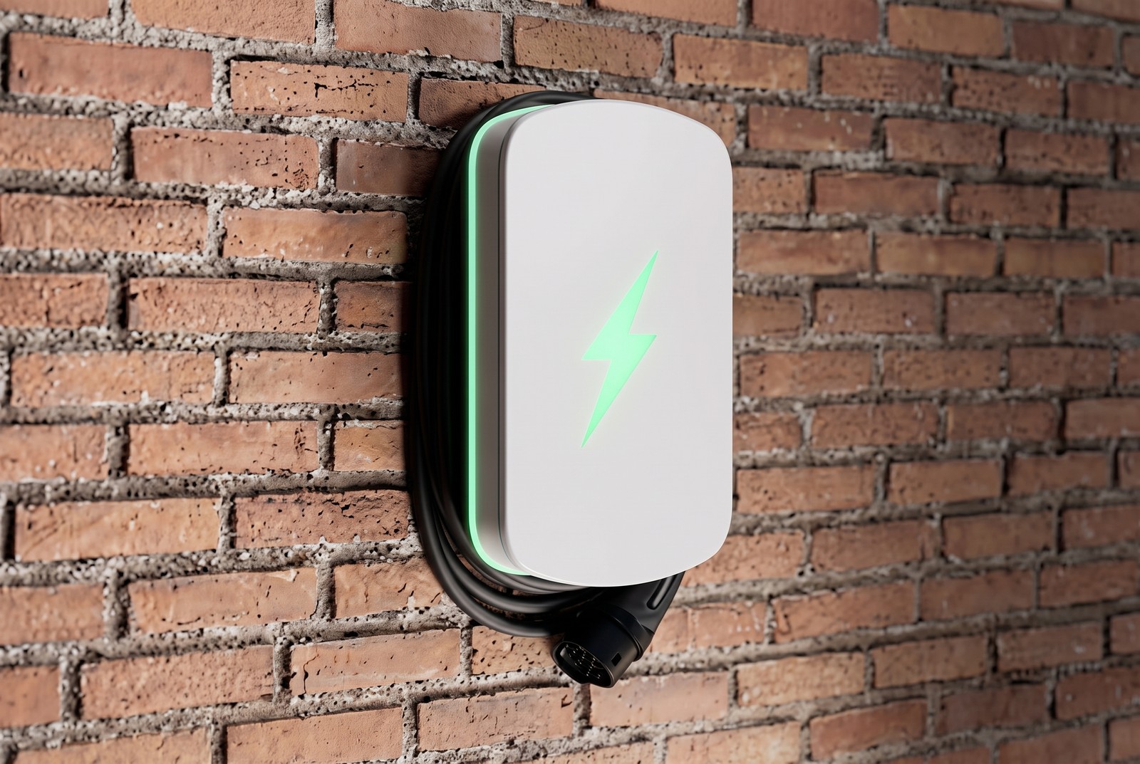 Hypervolt home EV charger with a green light on a brick wall