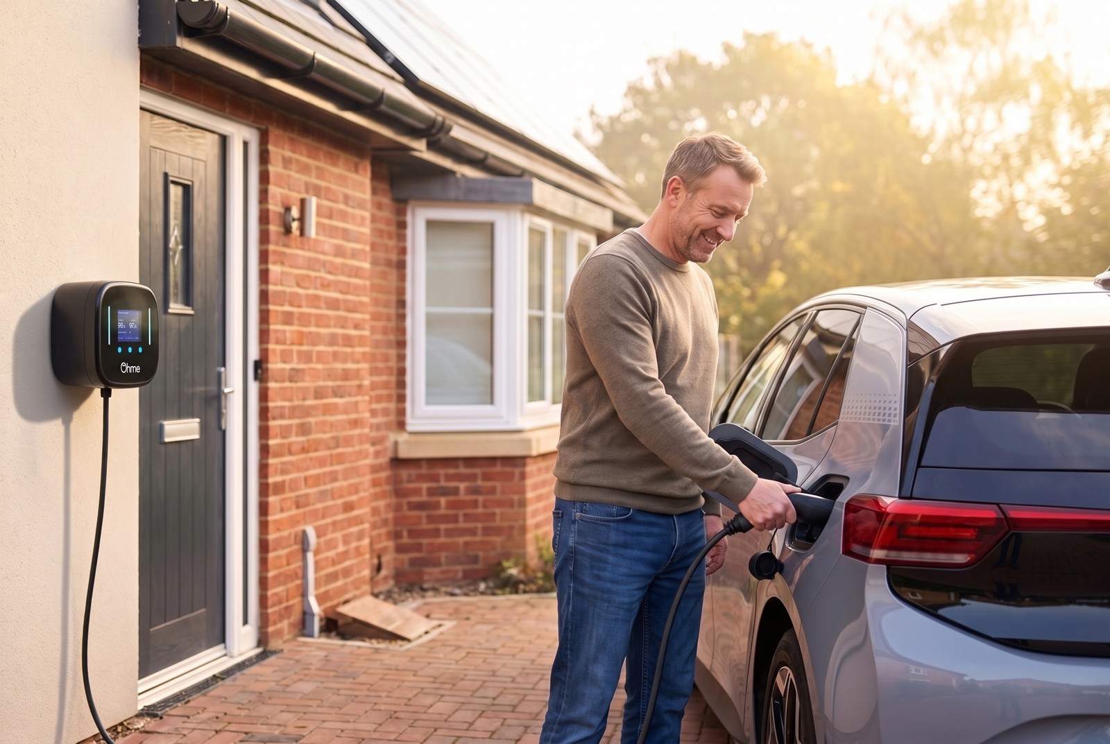 A homeowner charging an electric car at an Ohme Home Pro home charger