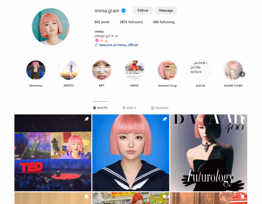 Japanese Virtual Influencer Imma's Instagram page