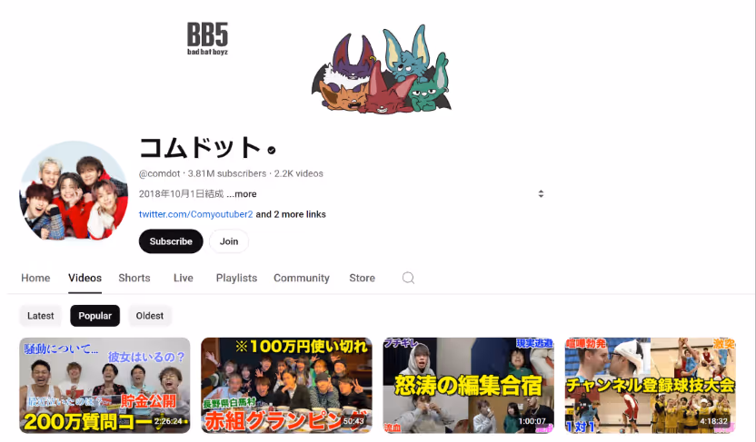 Japanese YouTuber Comdot's YouTube page
