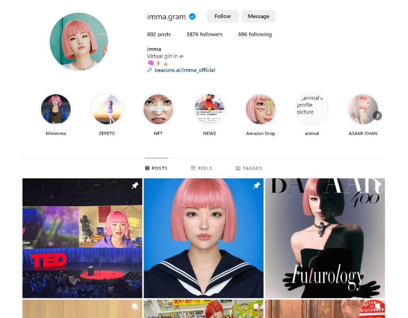 Japanese Virtual Influencer Imma's Instagram page