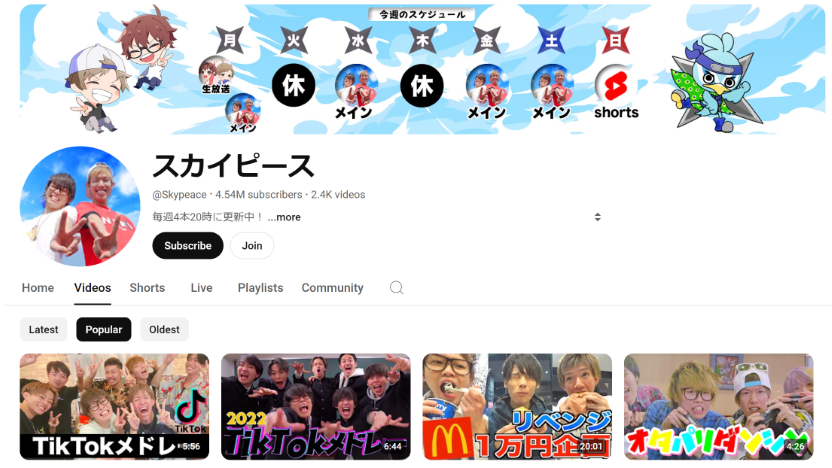 Japanese YouTuber Sky Peace's Youtube page