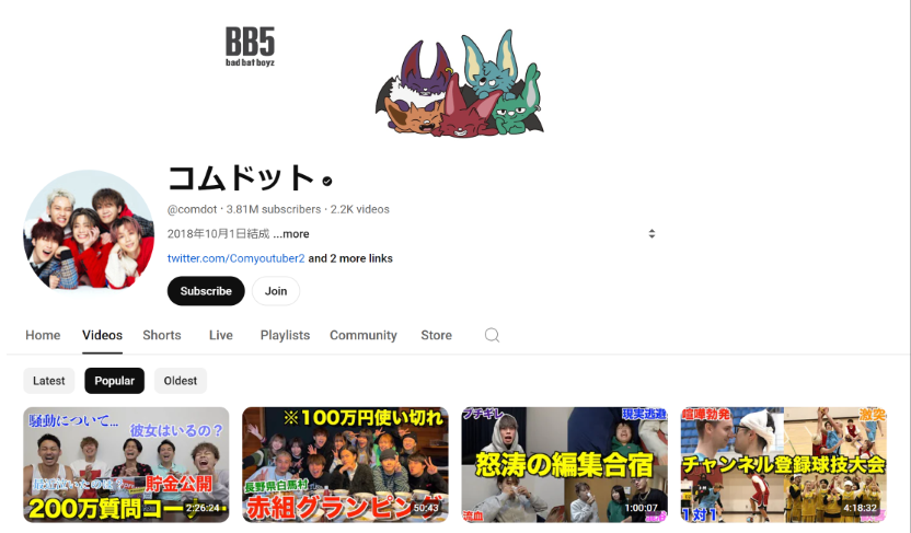 Japanese YouTuber Comdot's YouTube page