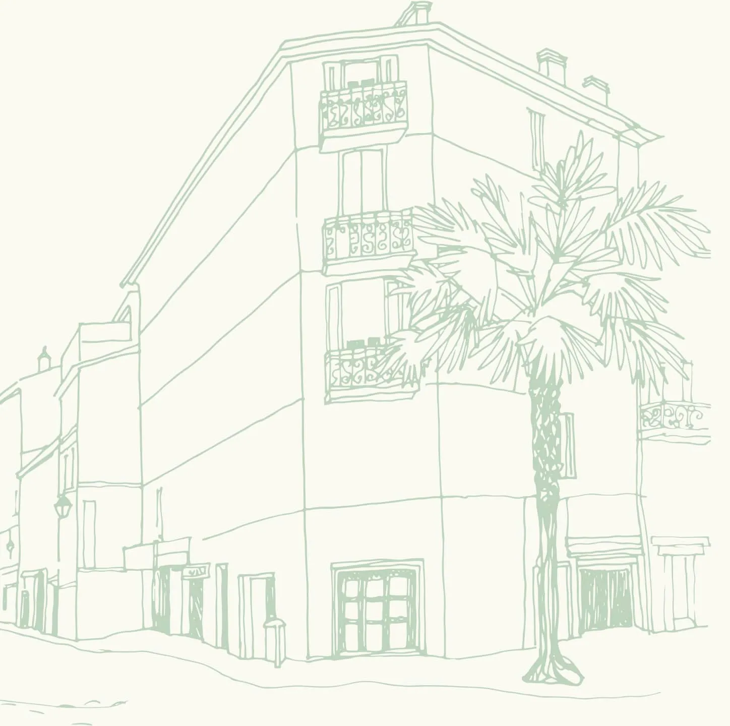 Stylized illustration of a building with a palm tree