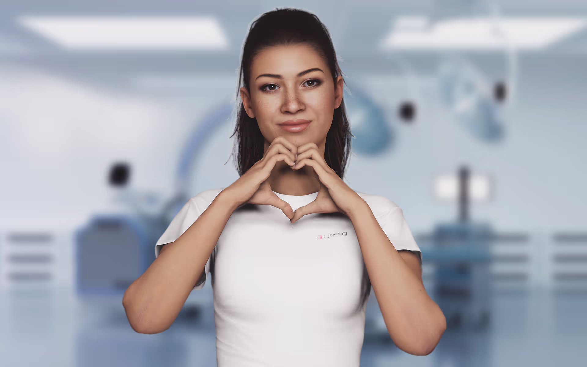 Healthcare worker wearing a white uniform making a heart shape with their hands in a medical facility.