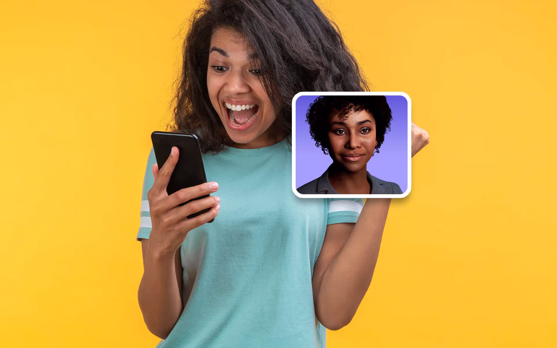 Excited young woman wearing teal shirt looking at smartphone with virtual avatar face overlay, on yellow background.