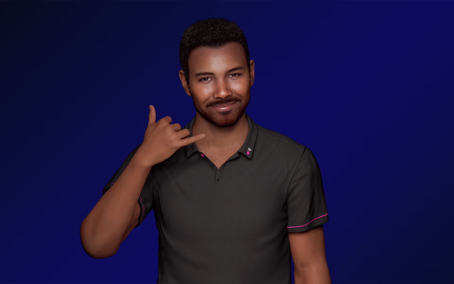 Smiling man with short curly hair and beard making a phone gesture with his hand against a dark blue background.