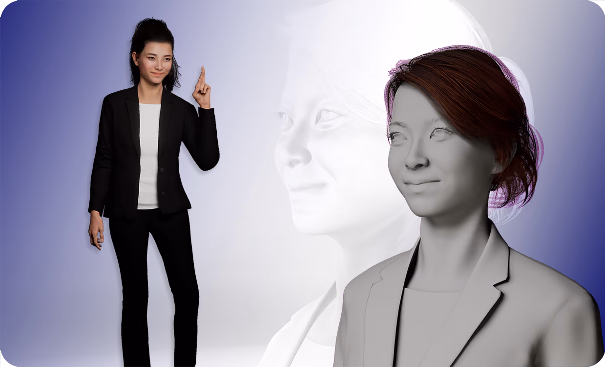 Yuria (a UneeQ digital human AI) is in a trendy suit and standing in a cross-fingers pose. Next to her are versions of her built in Unreal Engine, showing some of the layers, stages, and work that goes into creating a digital human or designing a digital human for an enterprise.